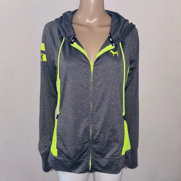 PINK VICTORIA’S SECRET ‘Ultimate’ Dark Grey & Neon Green Sporty Zip-Up Hoodie - Picture 2 of 8